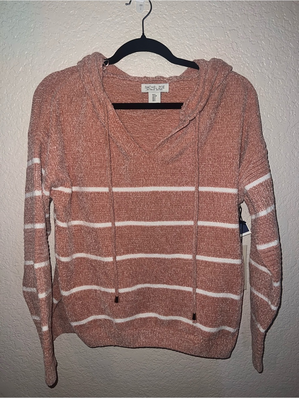 NWT Rachel Zoe Striped Dusty Rose & White Hooded Sweater
